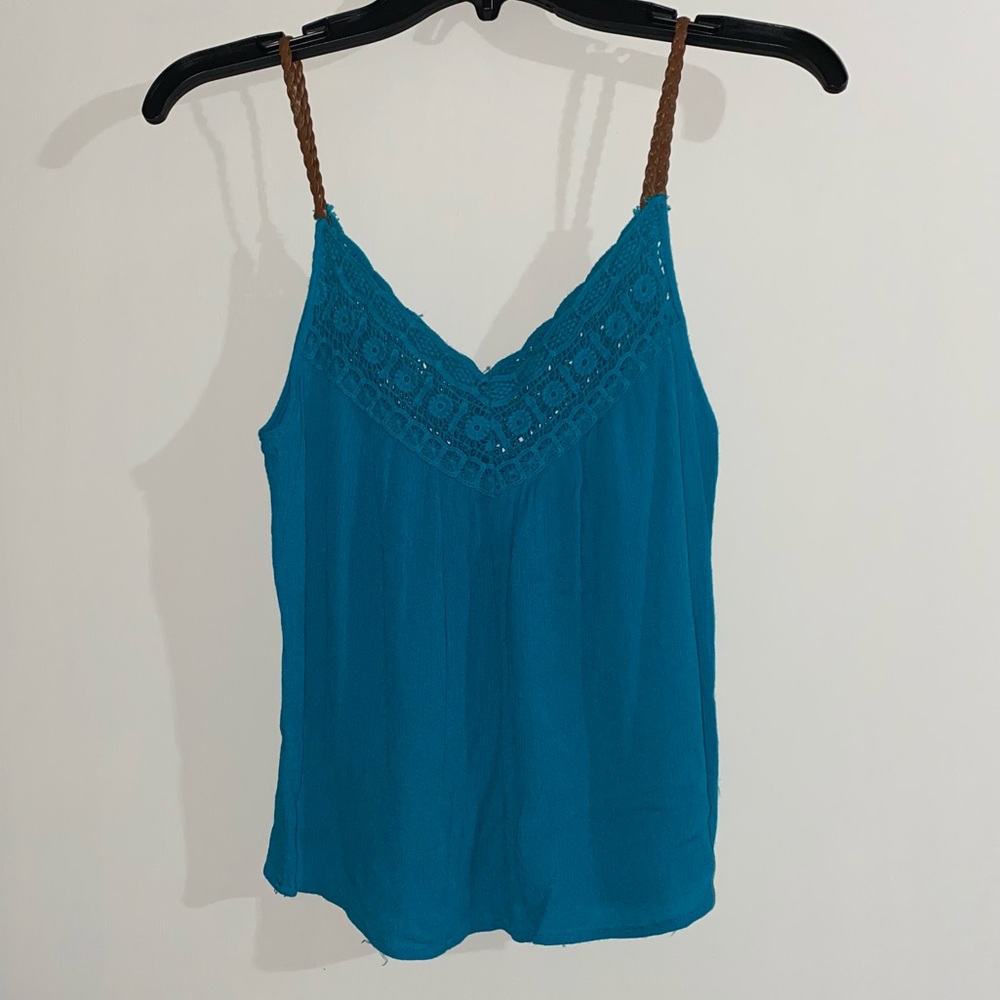 Blue Tank Top with Faux Leather Straps